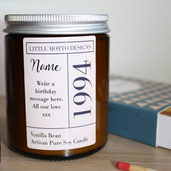 CUSTOM YEAR Candle | Personalised Gifts | Create Your Own Candle Label | Amber Glass Jar